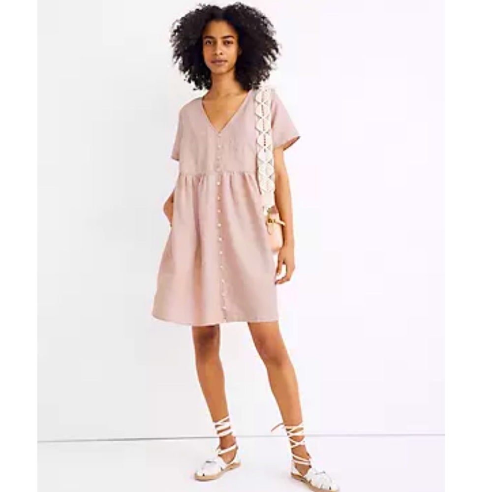 Linen-Blend Button Front Mini Dress